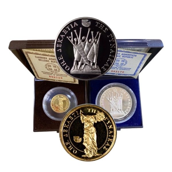 1985 ΟΗΕ δεκαετία της γυναίκας ,χρυσό και ασημένιο Ελληνικά Νομίσματα